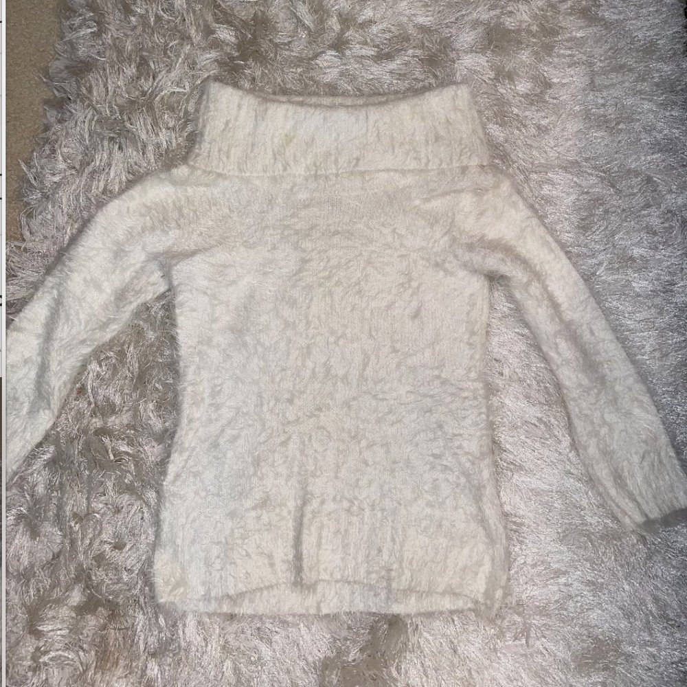 white eyelash material turtle neck sweater